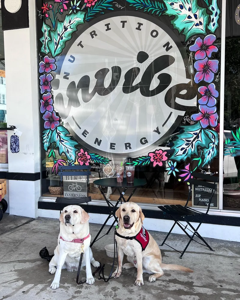 The large round InVibe logo and colorful window artwork, photographed in May 2023